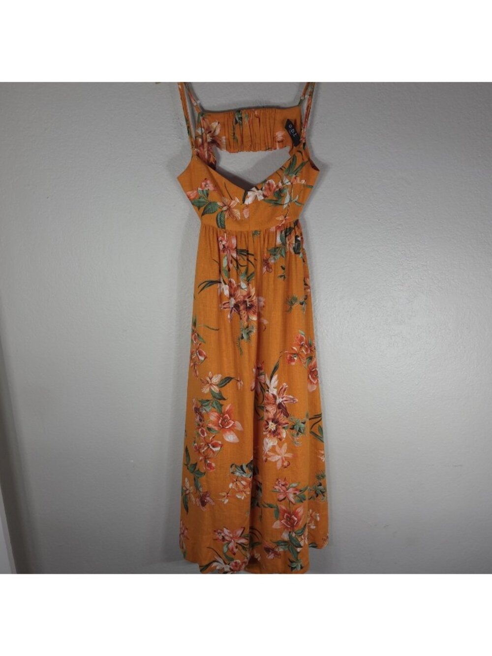 Anthropologie OPT Maxi Dress S Smocked Floral Orange Cold-Shoulder Linen Blend